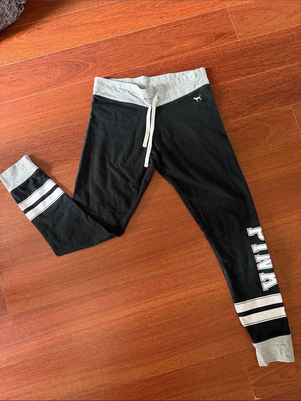 PINK Victoria's Secret Black Leggings with Gray Waistband and Stripes